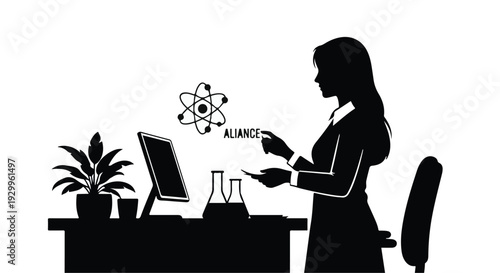 silhouette woman scientist working on computer with chemistry symbols