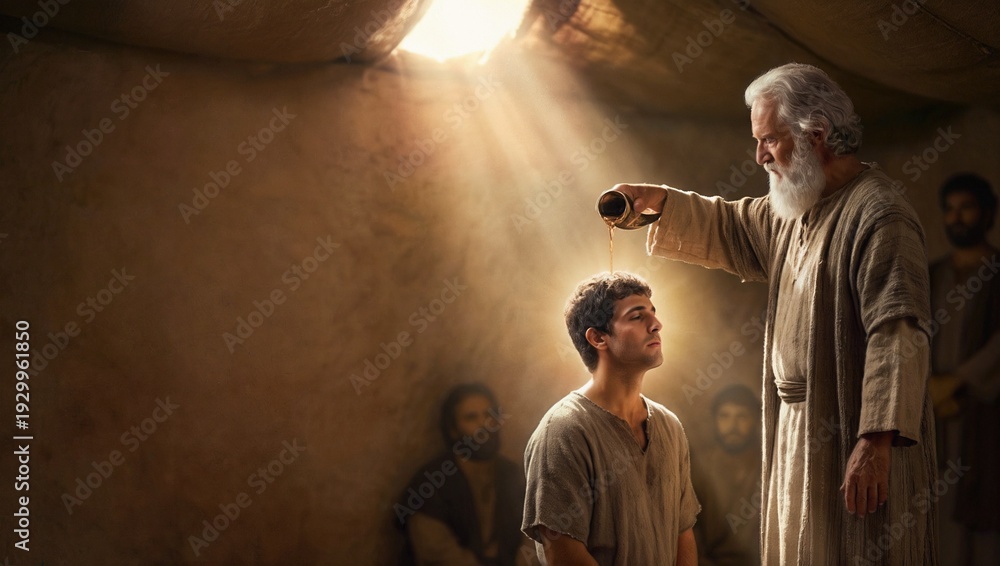 Naklejka premium 선지자 사무엘이 젊은 다윗의 머리에 기름을 부으며 신성한 예언과 운명을 전하는 경건한 의식 장면