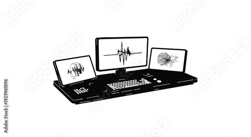 Multiple computer monitors with soundwave graphics on desk