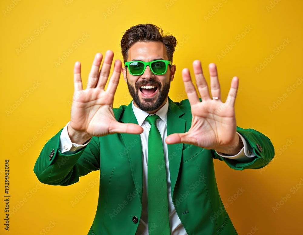 Naklejka premium Man in green suit and sunglasses makes frame with hands. Cheerful guy smiles against yellow background. Studio portrait with bright, dynamic pose and playful, optimistic mood. High energy.