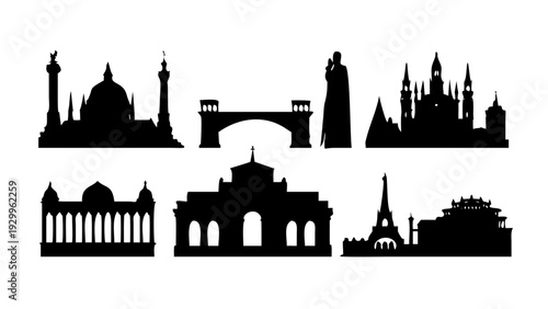 Black silhouettes of vintage objects and architecture arranged on white background in studio lighting