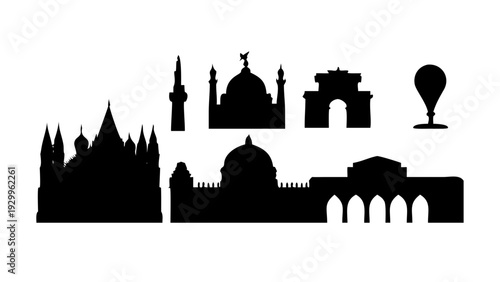 Collection of black silhouettes representing iconic objects on white background in studio lighting