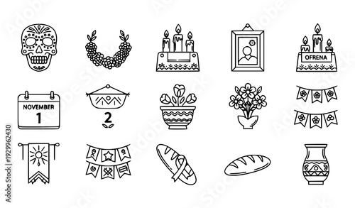 Minimalist Day of the Dead monoline icon pack November 1 and 2 vector design