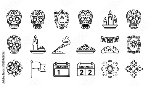 Day of the Dead cultural outline symbols vector set for November 1 and 2