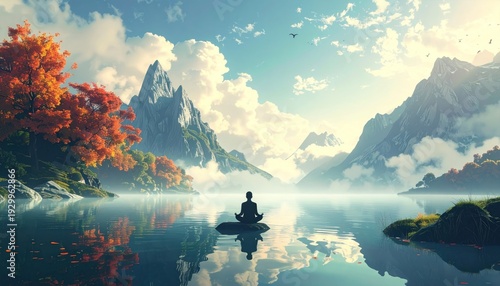 Tranquil scene; person meditating on a rock in a serene lake surrounded by majestic mountains