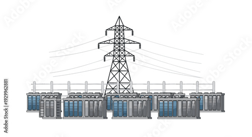 Rows of grey electrical equipment units sit behind a wire fence beneath a large high-voltage power transmission tower.