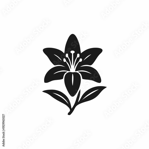 Elegant black lily flower silhouette icon with leaves, isolated on white background