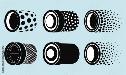 WebAbstract halftone cylinder shapes, modern geometric vector illustration with dotted gradient pattern, black and white 3D cylindrical design elements
