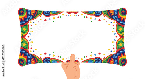 A single hand holds a white banner with a colorful decorative border and folk art patterns on a white backdrop.