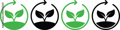 Set of 4 circular eco logos featuring a plant sprout inside a recycling arrow, presented in various green and black color combinations for sustainability branding.