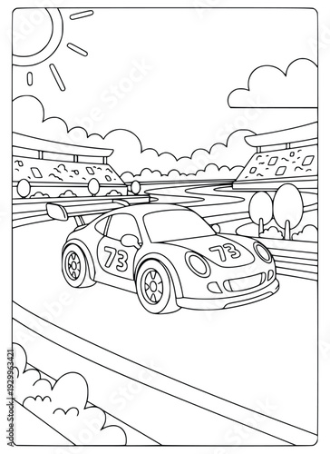 Coloring book illustration shows a modern race car on a professional track