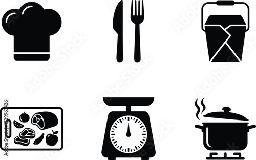WebKitchen and Cooking Icon Set Featuring Chef Hat, Cutlery, Takeout Box, Cutting Board with Food, Kitchen Scale, and Steaming Pot,