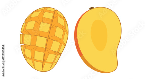 A pair of mango portions consisting of one smooth half and one cubed section are positioned on a white background.
