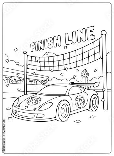  Coloring worksheet depicts a triumphant race car crossing the finish line