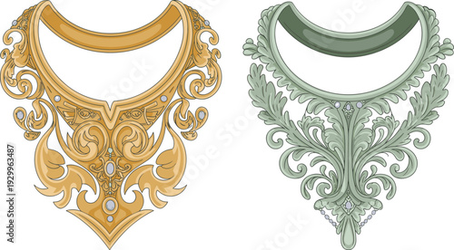 WebOrnate vector collar neckline designs with gold and silver baroque filigree, vintage floral embroidery patterns for elegant fashion and garment decoration