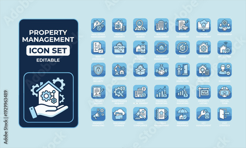 WebProperty management icon set, flat vector symbols for real estate, rental, leasing, building maintenance, financial reporting, and smart home automation