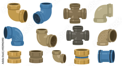 Pipe fittings illustration, vector style graphic, plumbing elements, construction design, isolated.