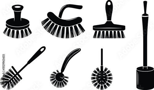 WebSet of detailed cleaning brush silhouettes, black vector icons for household scrubbing, toilet maintenance, and domestic hygiene tools on white,