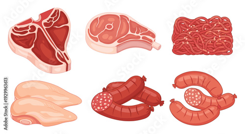 An arrangement of six raw meat items including beef steaks, ground meat, chicken breasts, and sausages is displayed on a white background.
