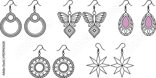 WebSet of Decorative Earring Vector Illustrations Featuring Butterfly, Star, Teardrop, and Geometric Mandala Patterns for Fashion Jewelry Design and Accessories