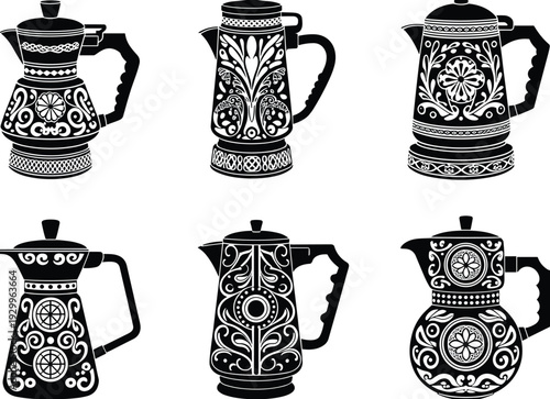 WebSet of ornate coffee pot silhouettes with intricate floral patterns and traditional motifs, decorative black and white vector jug illustrations