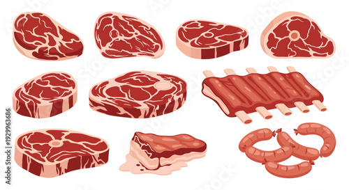 A collection of nine raw meat products featuring marbled beef steaks, a rack of ribs, bacon, and sausages is shown on a white background.