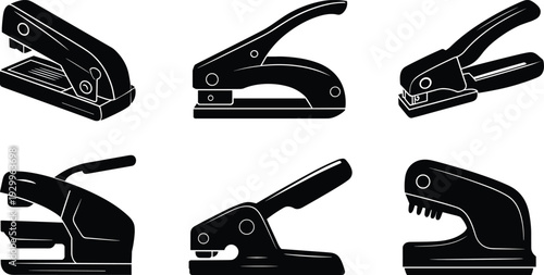 WebSet of professional office stapler and hole punch silhouettes, black vector icons for stationery, school supplies, and desk equipment,