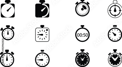 WebVector set of stopwatch and timer icons, silhouette symbols for time management, countdown, productivity, deadline, and precise speed measurement tools