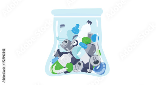 A translucent light blue bag filled with colorful plastic bottles and aluminum cans for recycling is illustrated on a white background.