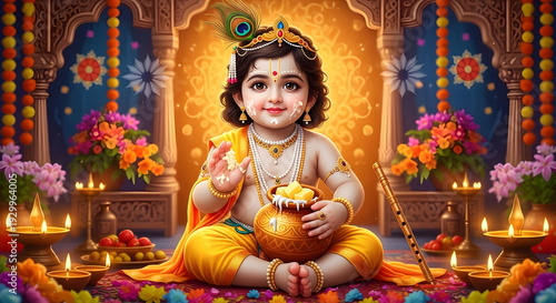 Happy Krishna Janmashtami celebration with little Lord Krishna holding butter pot, adorned with peacock feather and gold ornaments, glowing temple background with lamps and flowers