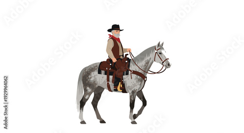 An elderly cowboy with a grey beard and black hat is riding a dappled grey horse walking towards the right side of a plain white background.