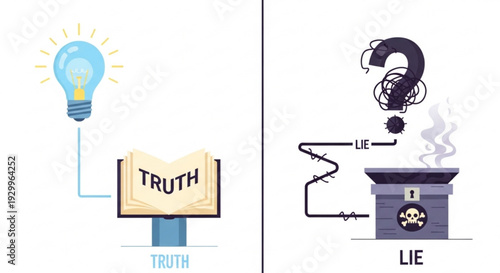 Truth vs lie concept illustration with lightbulb and trash can