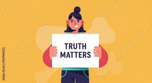 Woman holding truth matters sign smiling yellow background