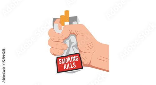 A human hand firmly crushes a white cigarette pack featuring a red warning label against a plain white background.
