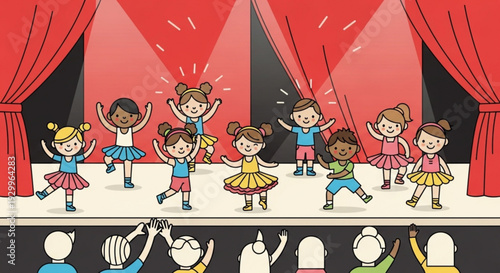 Diverse children dancing on stage with audience cheering