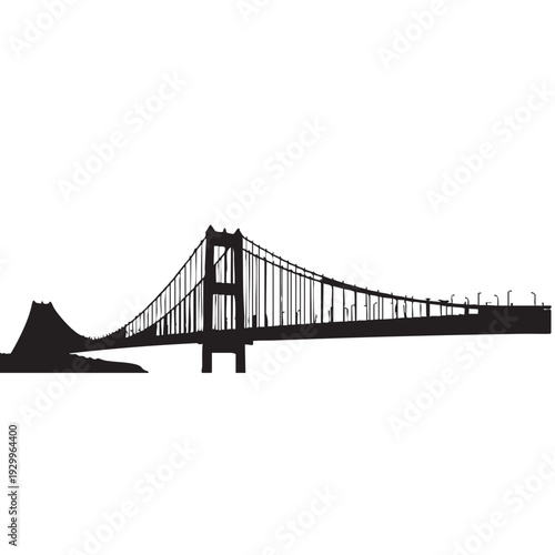 Suspension Bridge Silhouette in Dramatic Minimalist Black Silhouette on White Background for Infrastructure Design