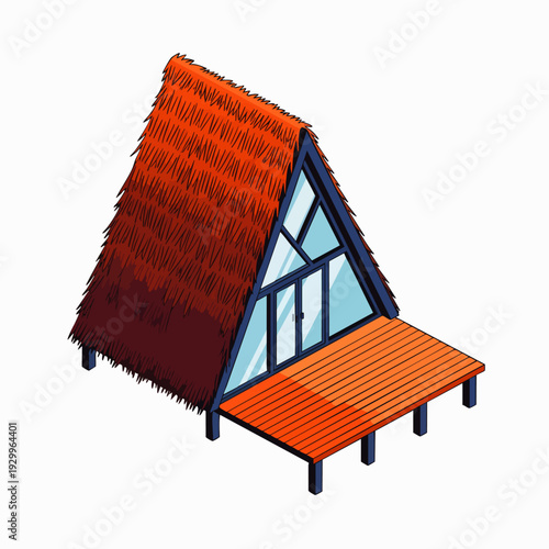 Cozy isometric A-frame cabin illustration with a distinctive thatched roof and wooden deck, depicting a charming vacation rental or tropical getaway.