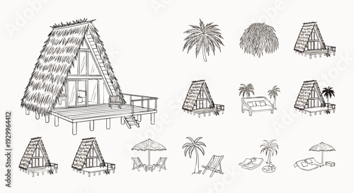 Detailed hand-drawn vector line art collection of tropical resort elements: overwater bungalows, palm trees, beach umbrellas, and lounge chairs for vacation.