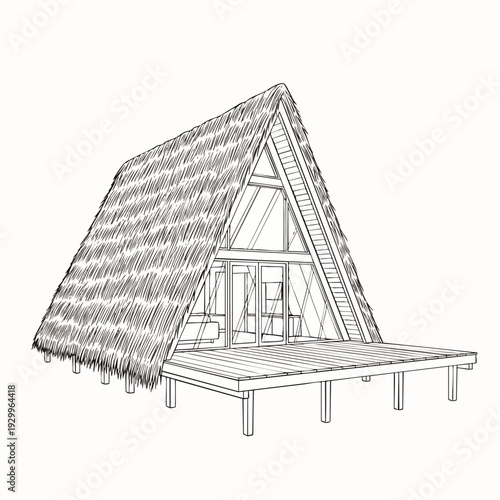 Detailed black and white line art of a rustic A-frame hut with a traditional thatched roof and elevated wooden platform, ideal for vacation and design concepts.