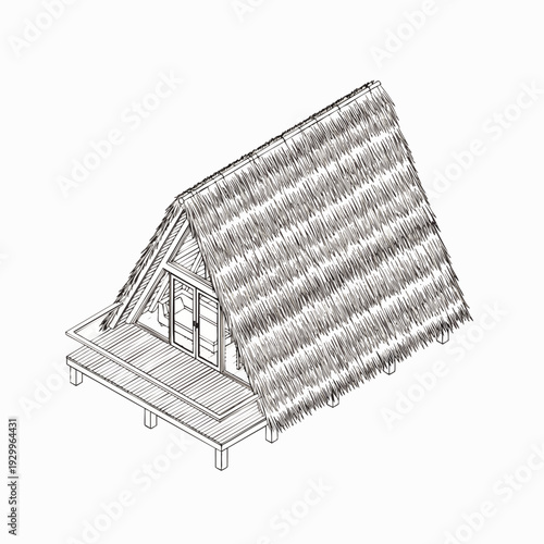 Isometric hand-drawn sketch of a tropical A-frame bungalow with a thatched roof and small wooden deck, perfect for resort, travel, and vacation concepts.