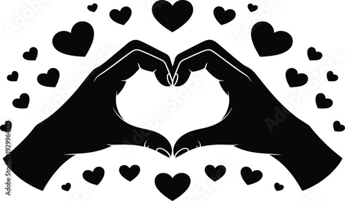 Black silhouette of hands forming a heart shape with multiple hearts around