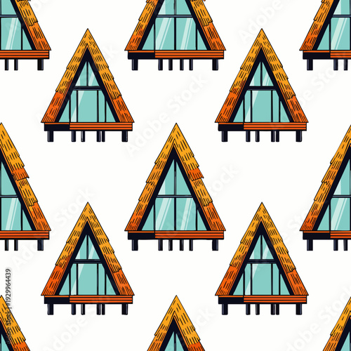 Seamless pattern of modern A-frame cabins with thatched roofs and large windows, perfect for tropical vacation resorts and exotic travel backgrounds. Vector illustration.