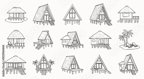 Hand-drawn vector set of various tropical stilt houses, bungalows, and beach huts, perfect for travel, vacation, and island resort designs.