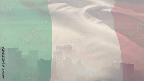 Italian tricolor flag waving from breeze, rippling and changing opacity, showing tinted skyline