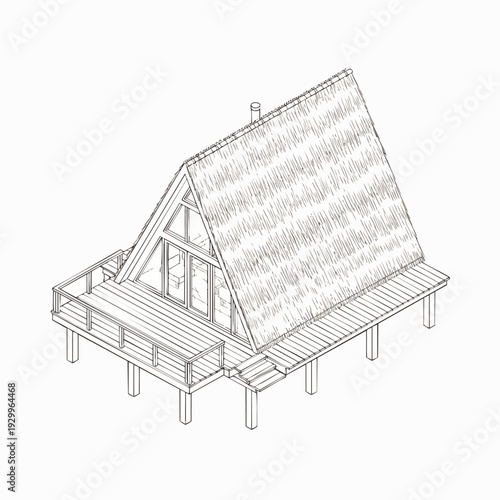 Minimalist isometric line drawing of a rustic A-frame house on stilts featuring a distinctive thatched roof and an inviting outdoor deck, ideal for vacation.