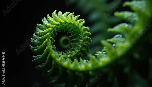Green fern frond unfurls in spiral shape, resembling fractal pattern with water drops. Macro view shows intricate leaf structure against dark background.