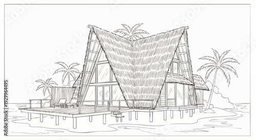 Tropical overwater bungalow with thatched A-frame roof and palm trees, a luxurious island resort vacation destination, detailed line art illustration.