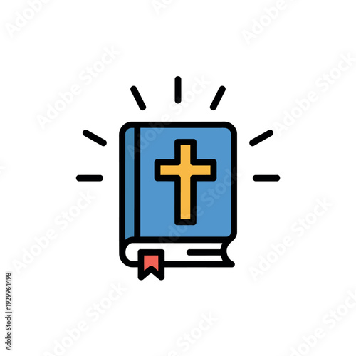 A blue book with a yellow cross on the cover represents faith and spirituality in a simple illustration.