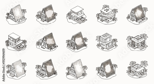 Isometric line art collection of tropical houses and resort buildings. Hand-drawn vector assets for game development, maps, or architectural design.