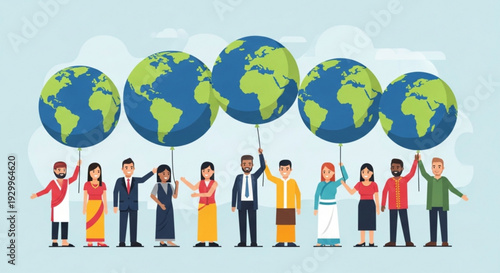 Diverse people holding earth globes in unity and harmony